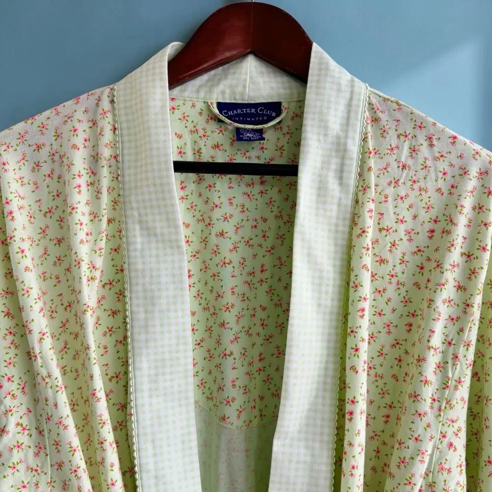 Charter Club Cottagecore Mint Green Floral Gingham Cotton Kimono Wrap Robe XL